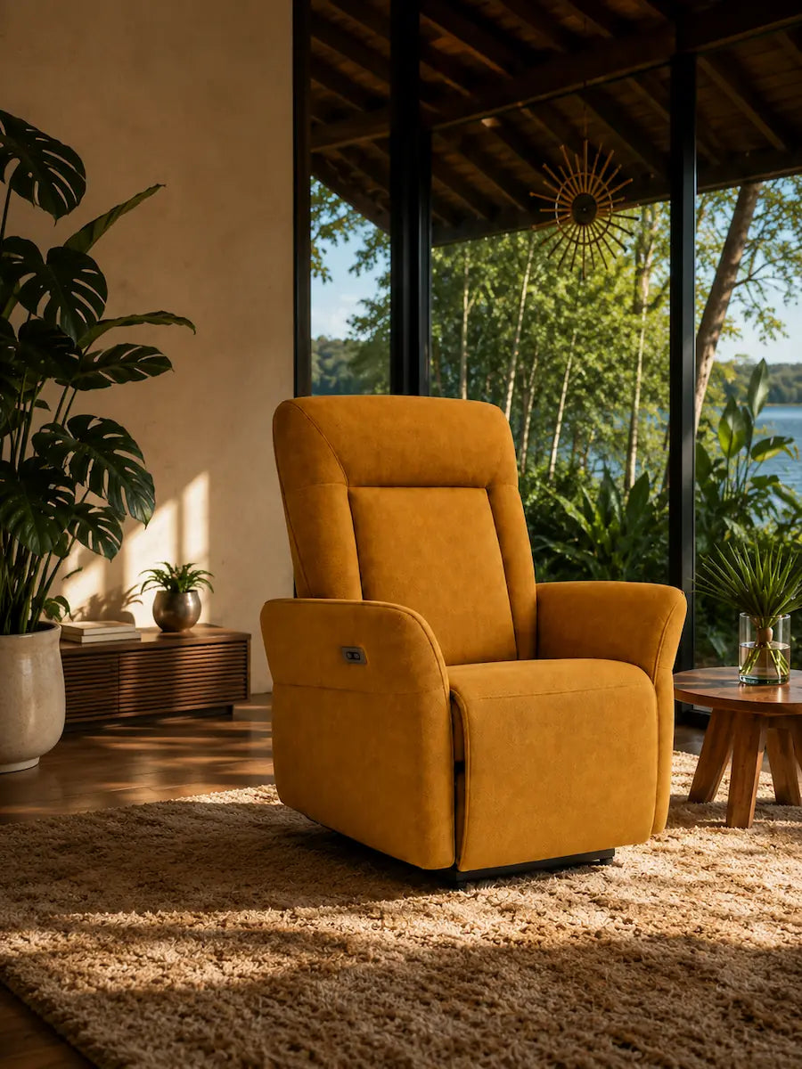 Fauteuil de massage compact relaxant jaune moutarde Supra France dans un salon