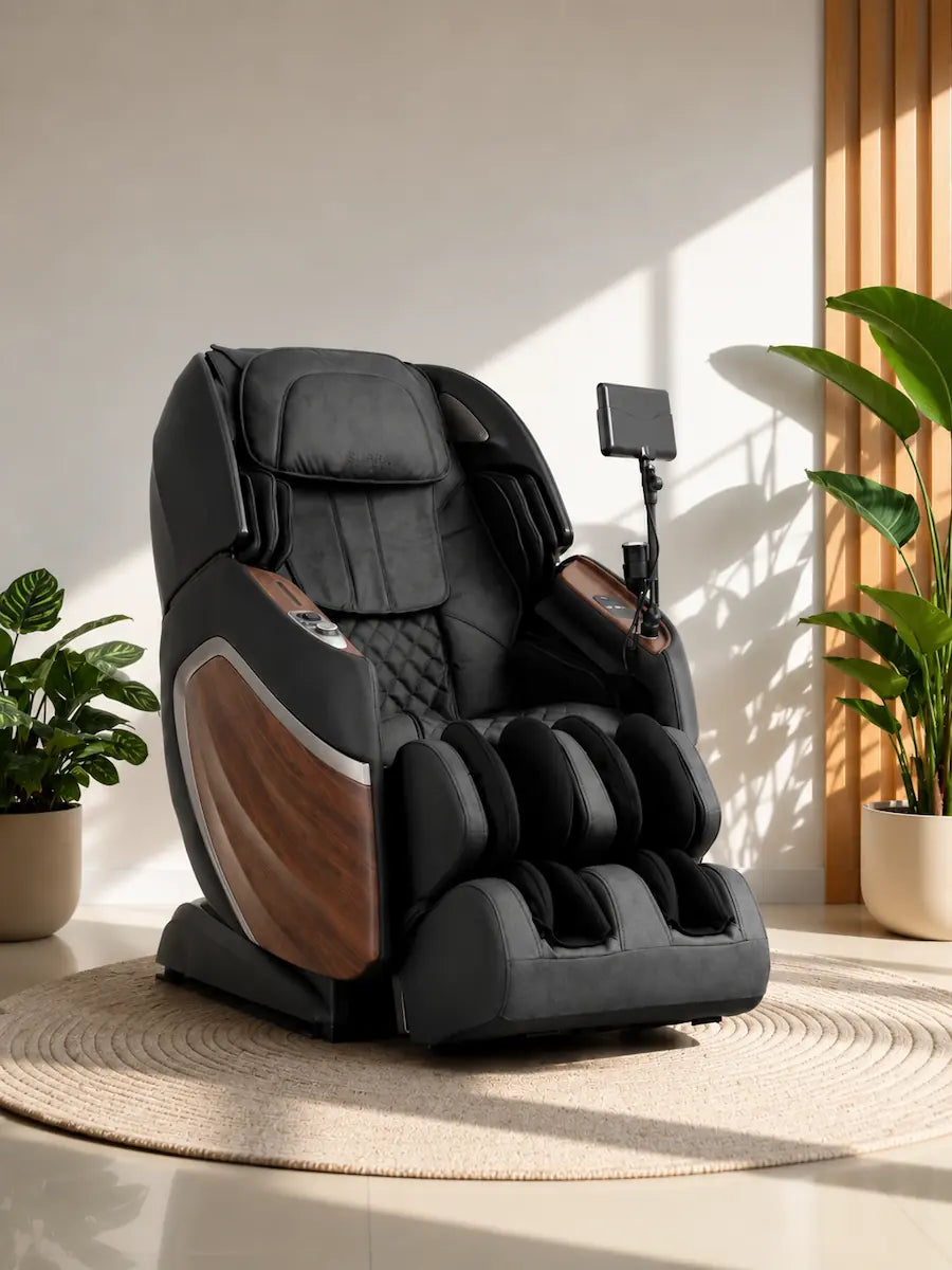 Fauteuil de massage haut de gamme noir avec finitions bois et écran de contrôle Supra France dans un salon design