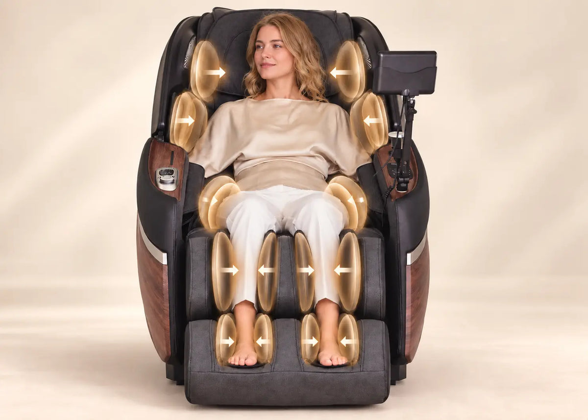 Fauteuil massant Helexia avec massage par air sur les épaules, bras, bassin, jambes et pieds