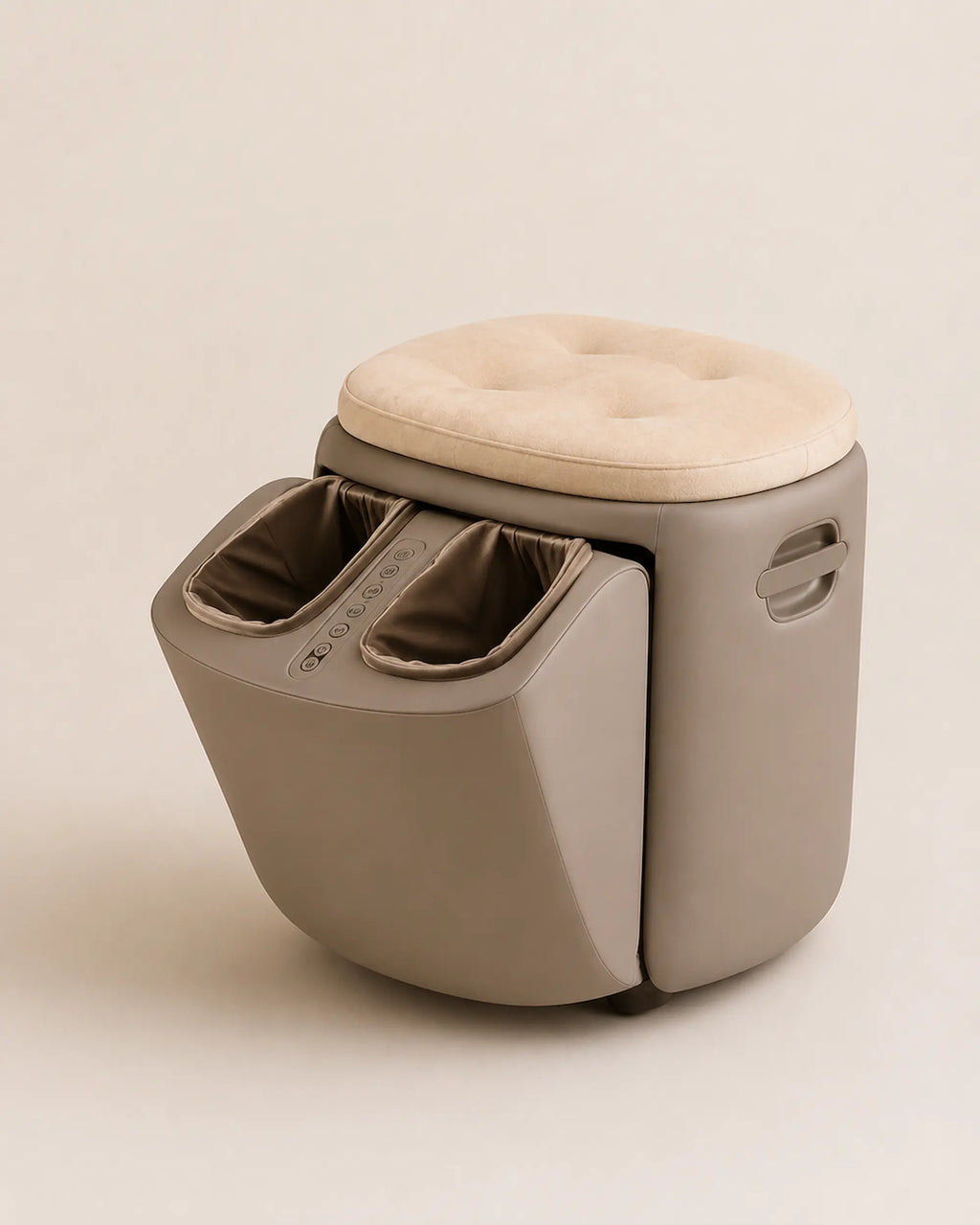 Masseur de pieds et jambes Homie de Supra France, revêtement taupe, deux cavités de massage et assise rembourrée, vue de trois-quarts