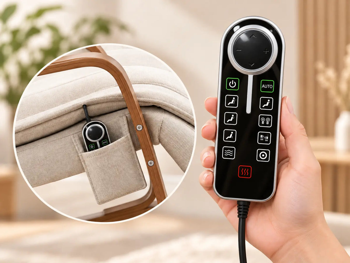Télécommande du fauteuil massant Youki avec ses boutons de commande et sa poche de rangement intégrée au fauteuil