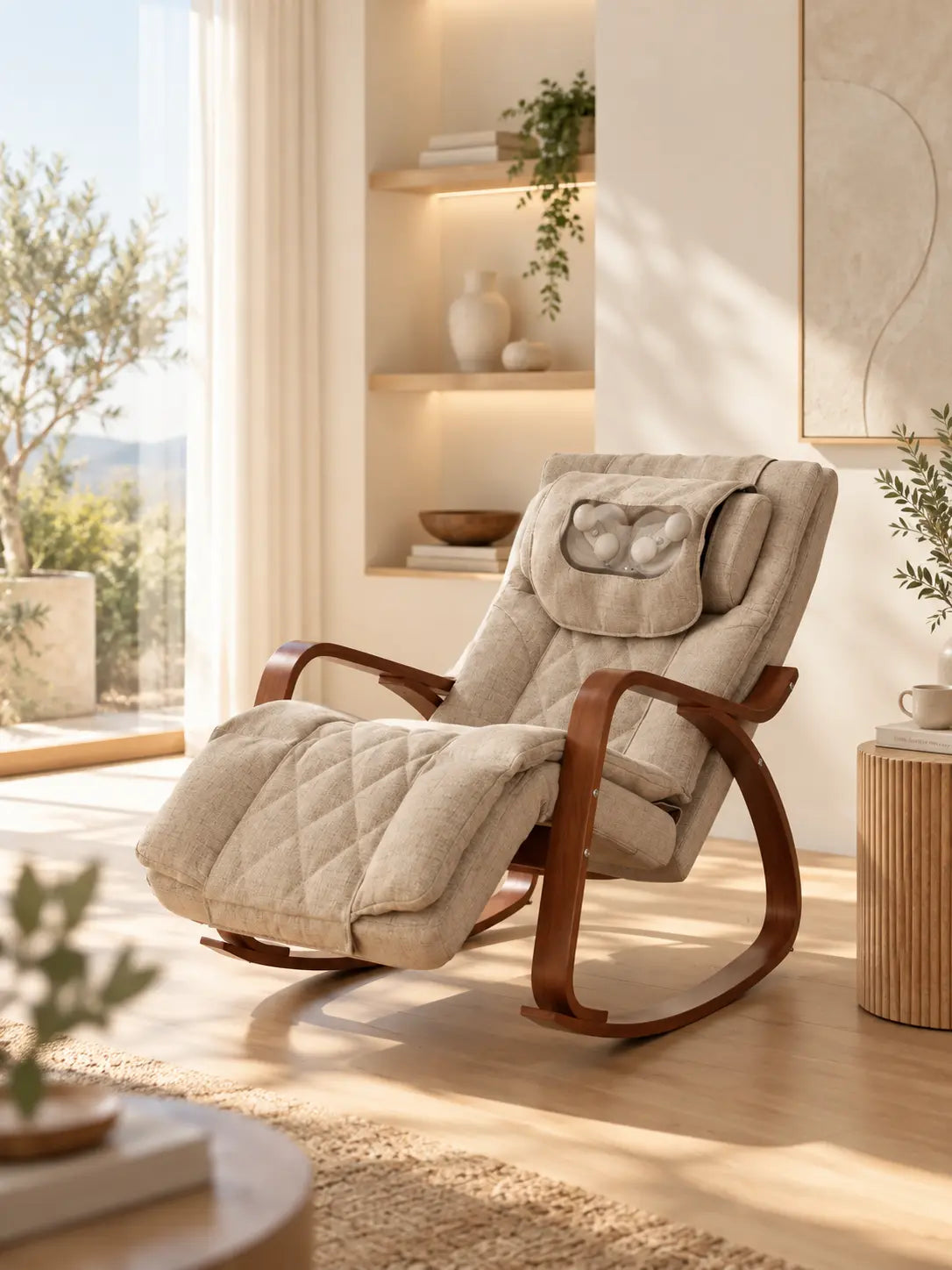 Fauteuil à bascule beige avec fonction massage cervical dans un salon lumineux et chaleureux