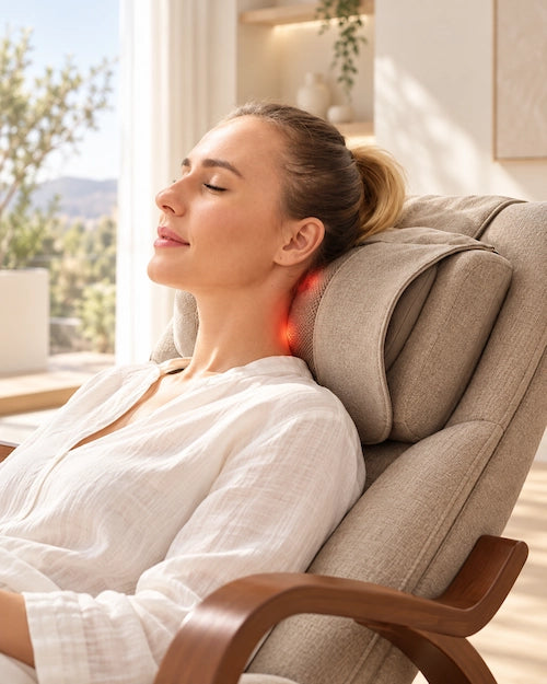 Femme détendue profitant d’un massage cervical dans un fauteuil à bascule beige